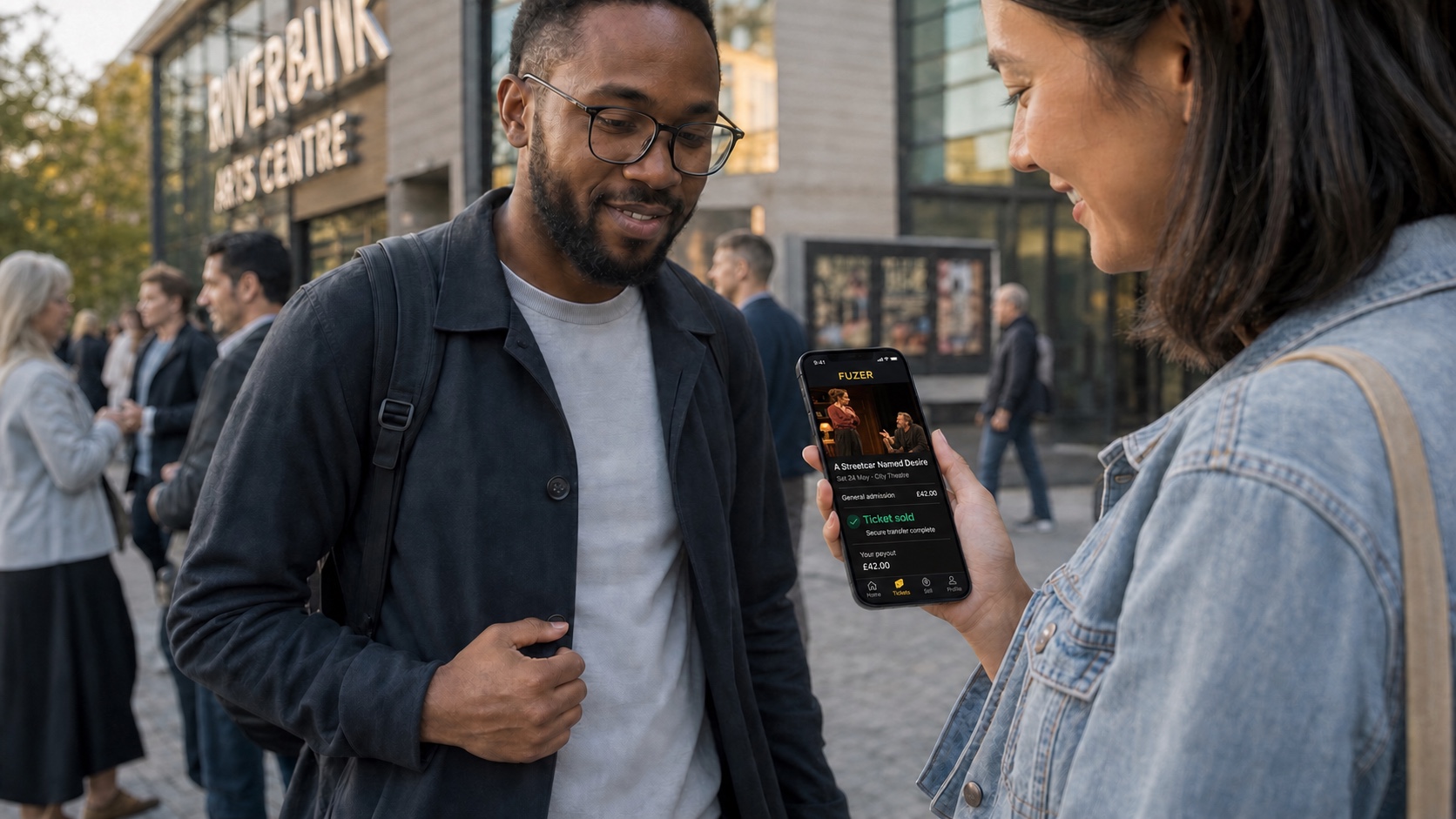 Two attendees reviewing a sold Fuzer ticket outside an arts venue
